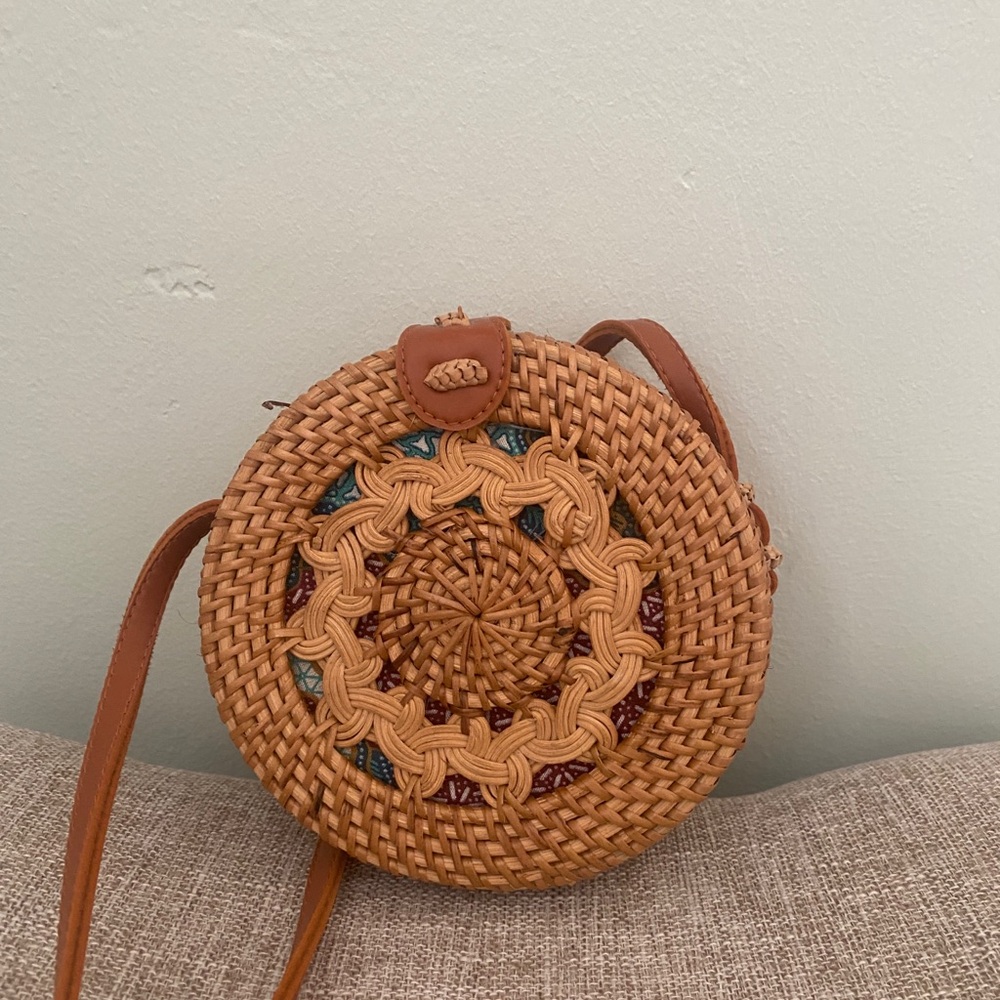 Brown small handwoven rattan shoulder bag made in Thailand-Used
